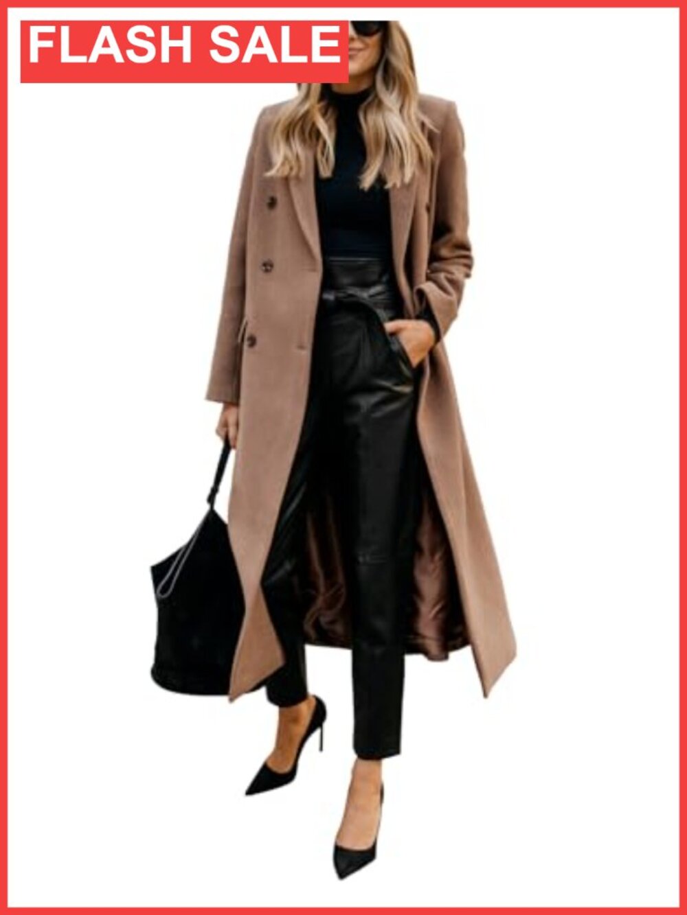 Womens Long Wool Blend Peacoat Notch Lapel Double Breasted Winter Coat
